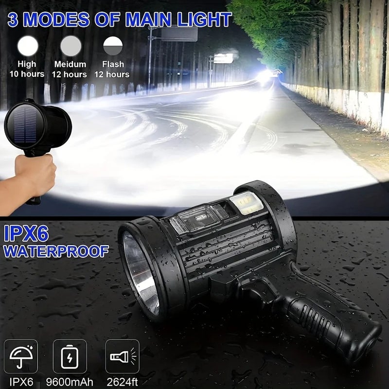Bluejw Rechargeable LED Handheld Flashlight, Long Distance Searchlight, Solar Panel & USB Power, Outdoor Spotlight - Image 4